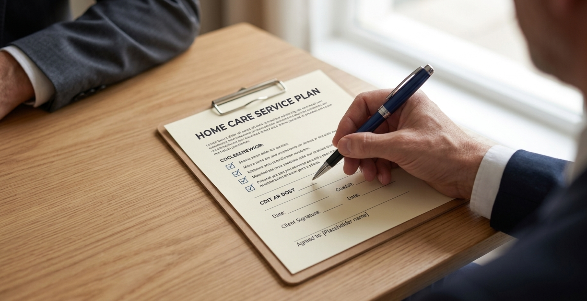 A hand signing a Home Care Service Plan on a clipboard at a wooden table.