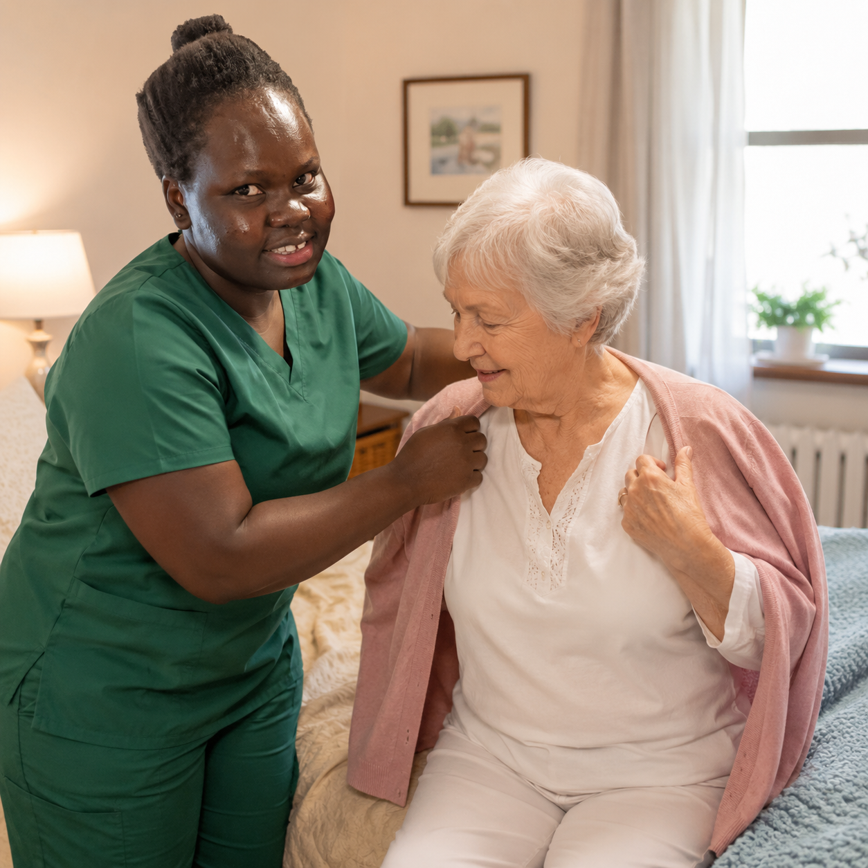 A Selena M Barach caregiver in green scrubs helping an older woman into a pink cardigan at the edge of her bed.