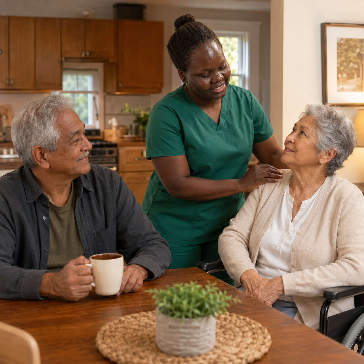 A Selena M Barach caregiver in green scrubs standing between an older couple at their kitchen table, giving the family caregiver a break.