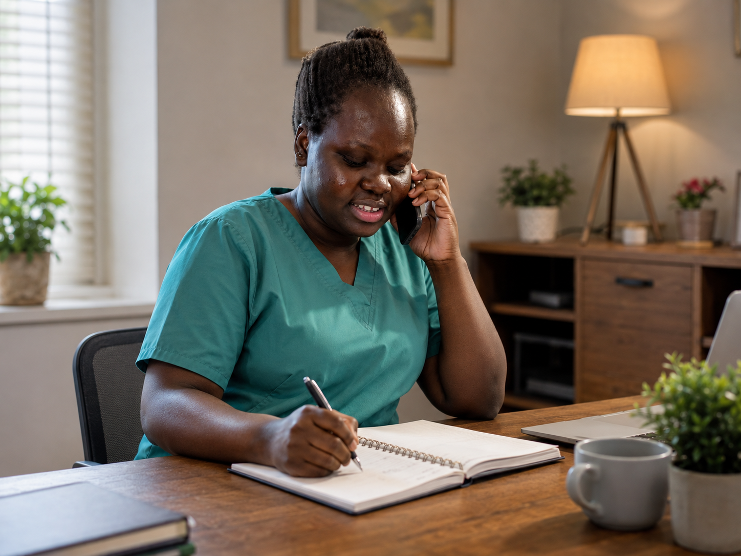 A caregiver in green scrubs on the phone, taking notes in a notebook at a warm home office.