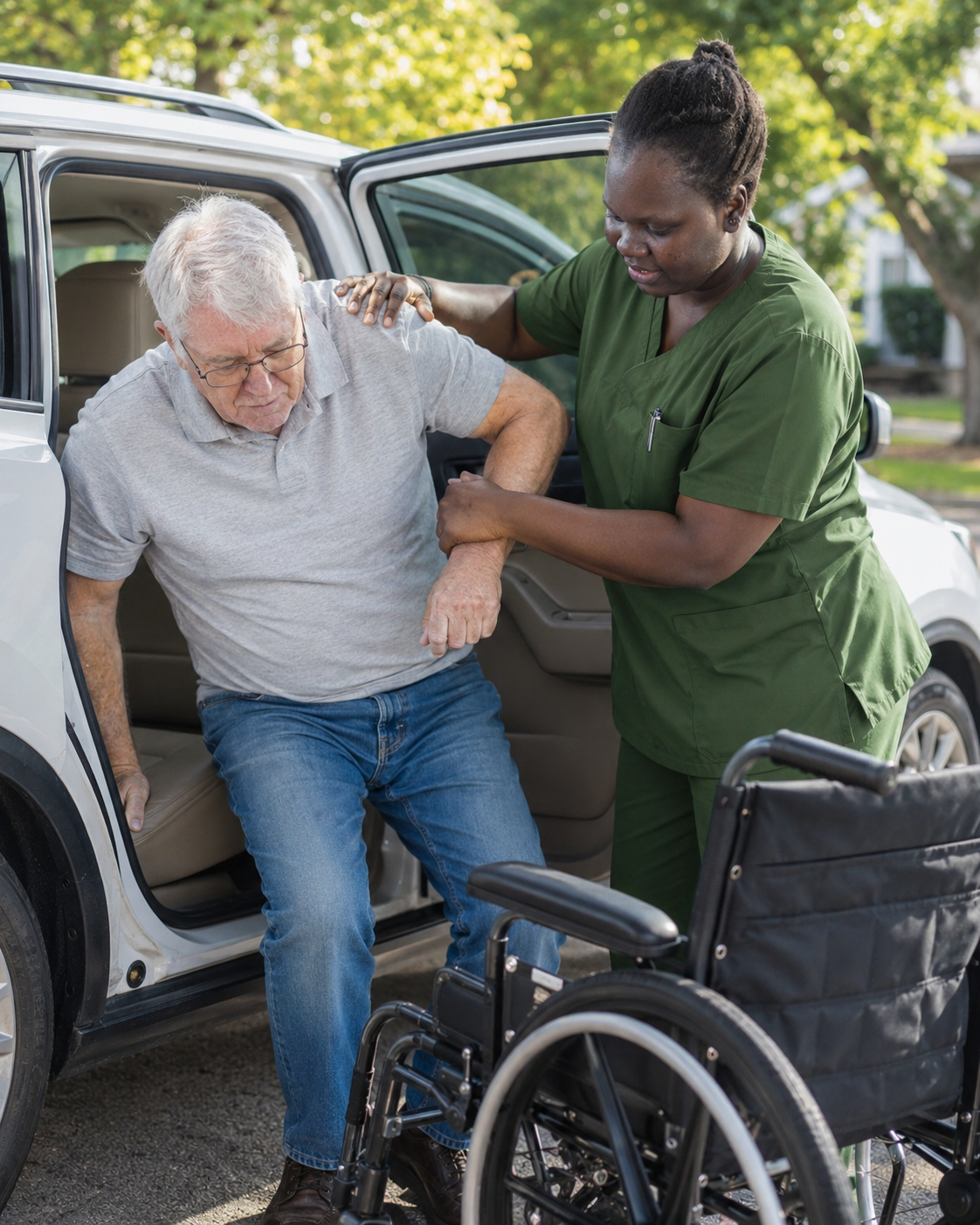 A Selena M Barach caregiver in green scrubs helping an older man out of an SUV and into a waiting wheelchair on a tree-lined street.