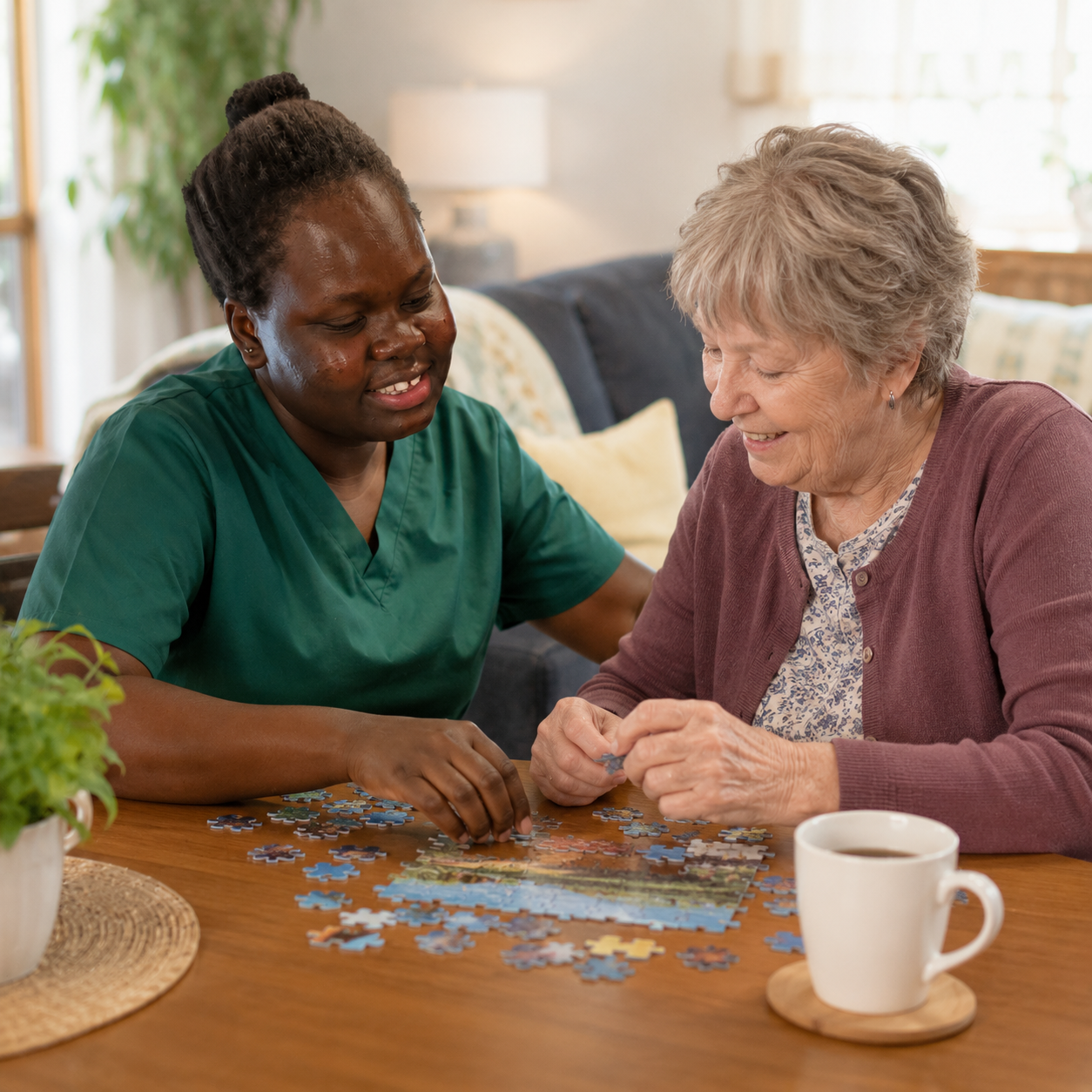 A Selena M Barach caregiver in green scrubs sitting at a wooden table working on a jigsaw puzzle with an older woman in a burgundy cardigan.