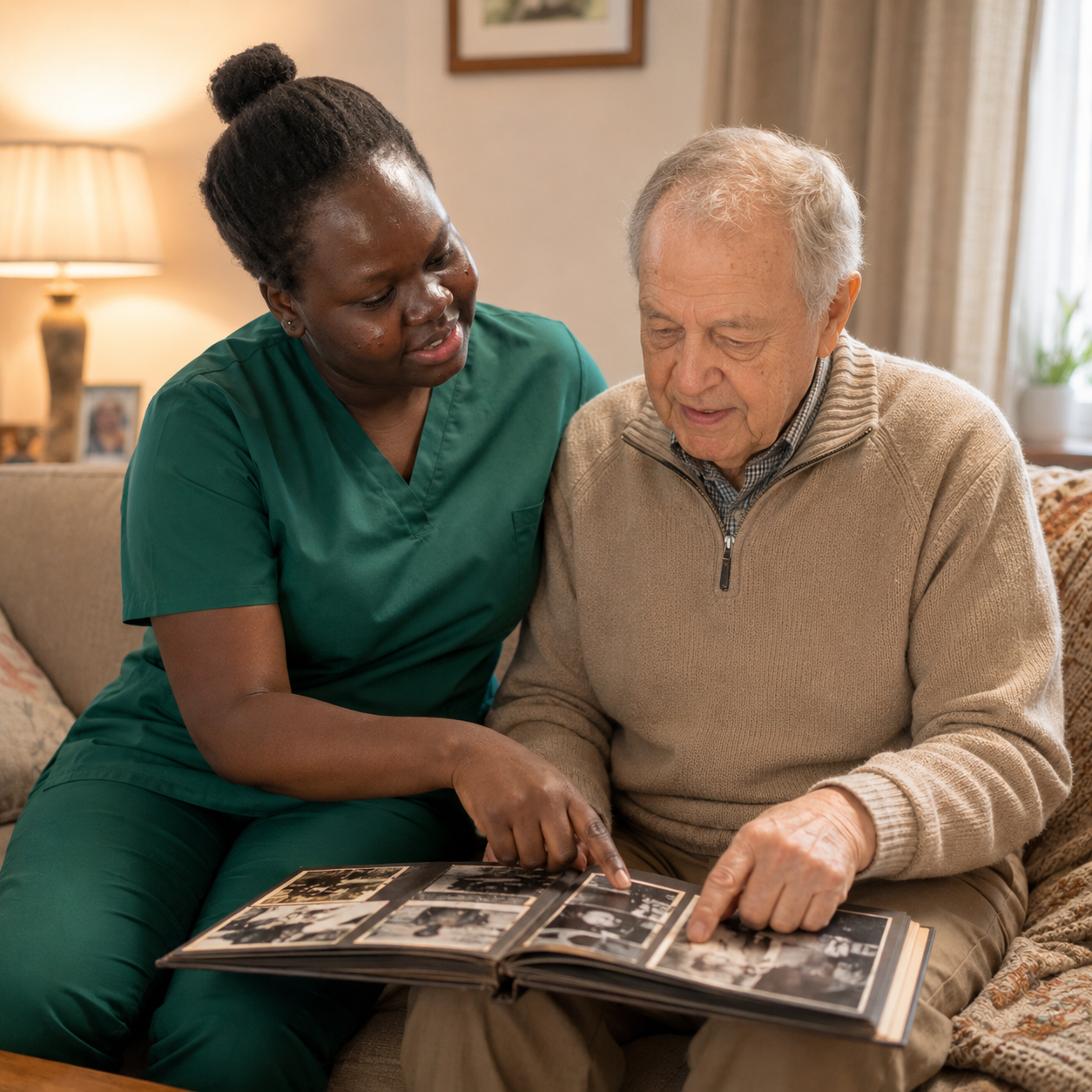 A Selena M Barach caregiver in green scrubs sitting beside an older man on his sofa, pointing at a black-and-white photograph in an open family album.